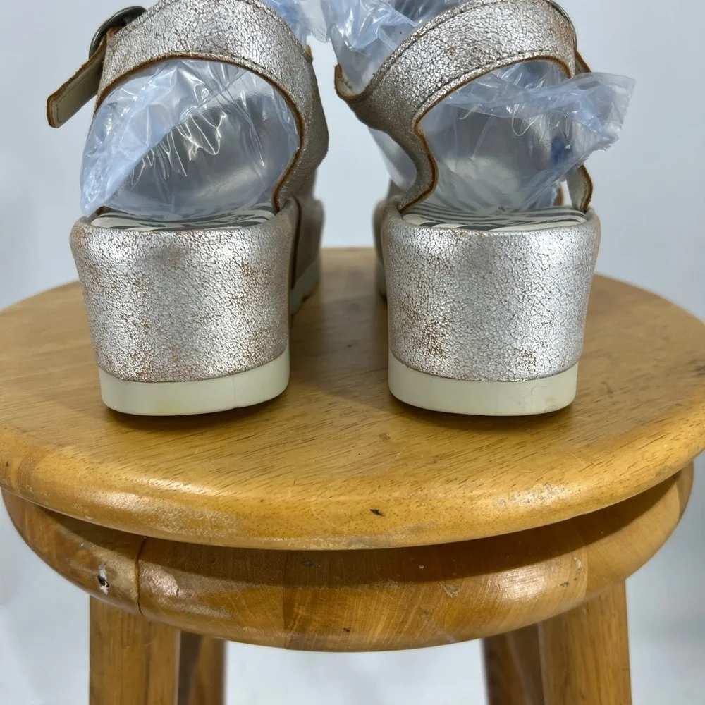 FLY London Bano Platform Wedges Leather Pearl Ankle Strap Buckle 41/9-9.5